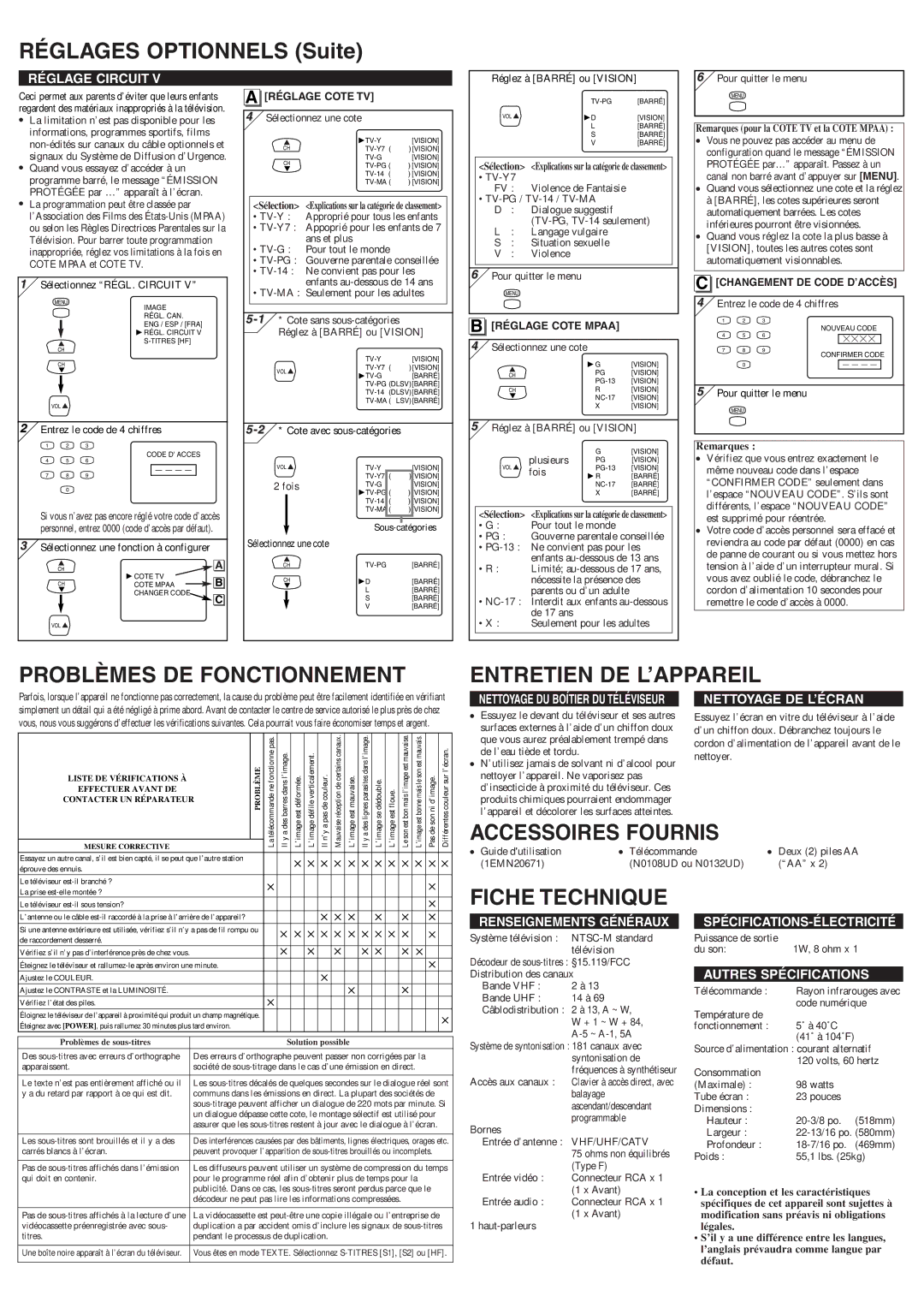 Symphonic CST245E Réglages Optionnels Suite, Problèmes DE Fonctionnement, Entretien DE L’APPAREIL, Accessoires Fournis 