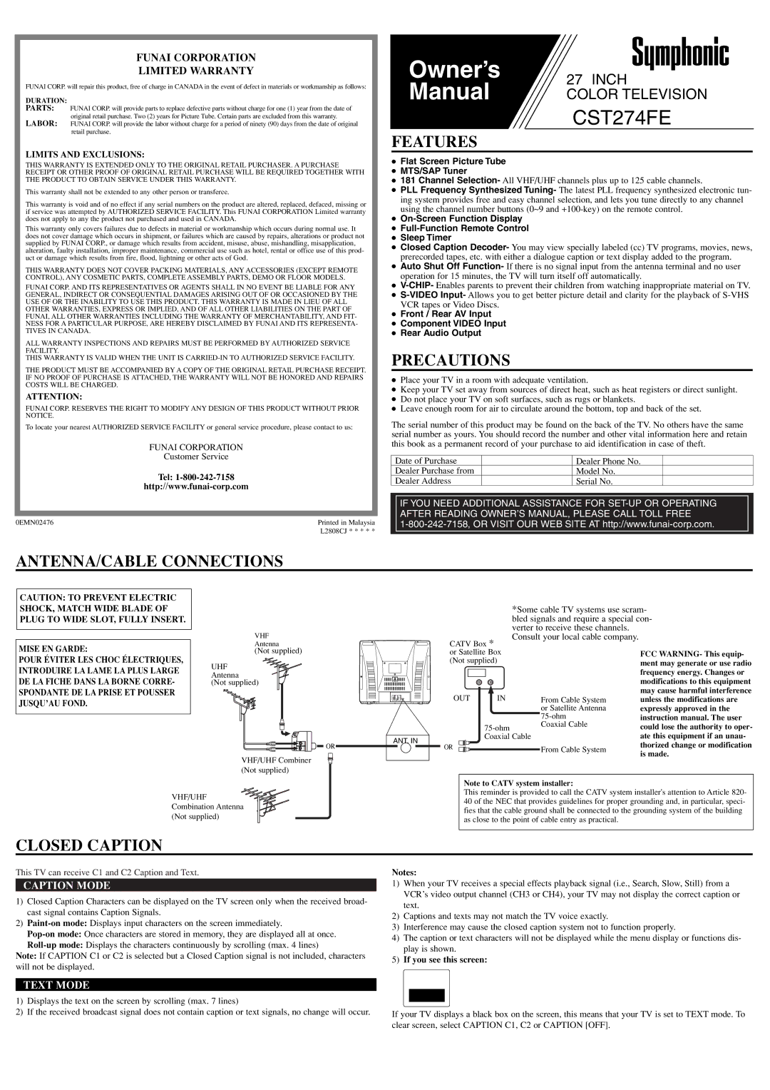 Symphonic CST274FE owner manual Features, Precautions, ANTENNA/CABLE Connections, Closed Caption 