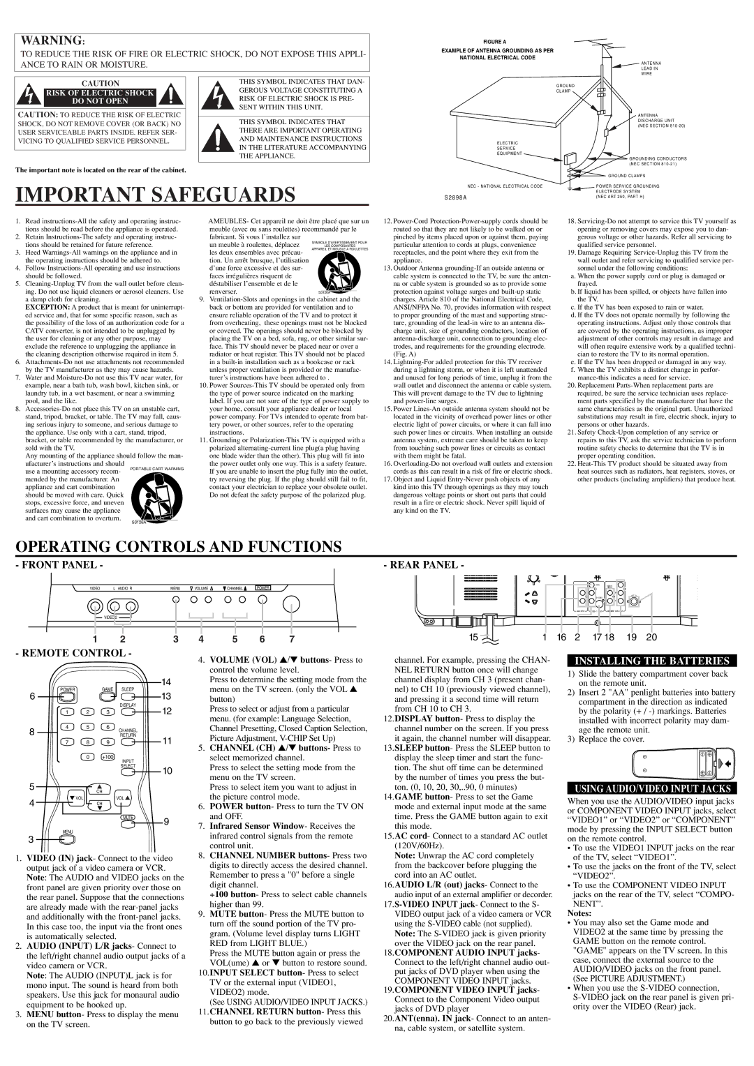 Symphonic CST274FE owner manual Important Safeguards, Rear Panel, Remote Control, Installing the Batteries 