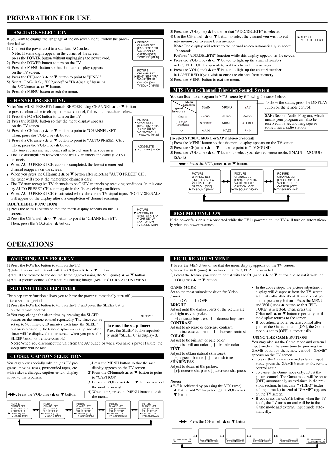 Symphonic CST274FE owner manual Preparation for USE, Operations 