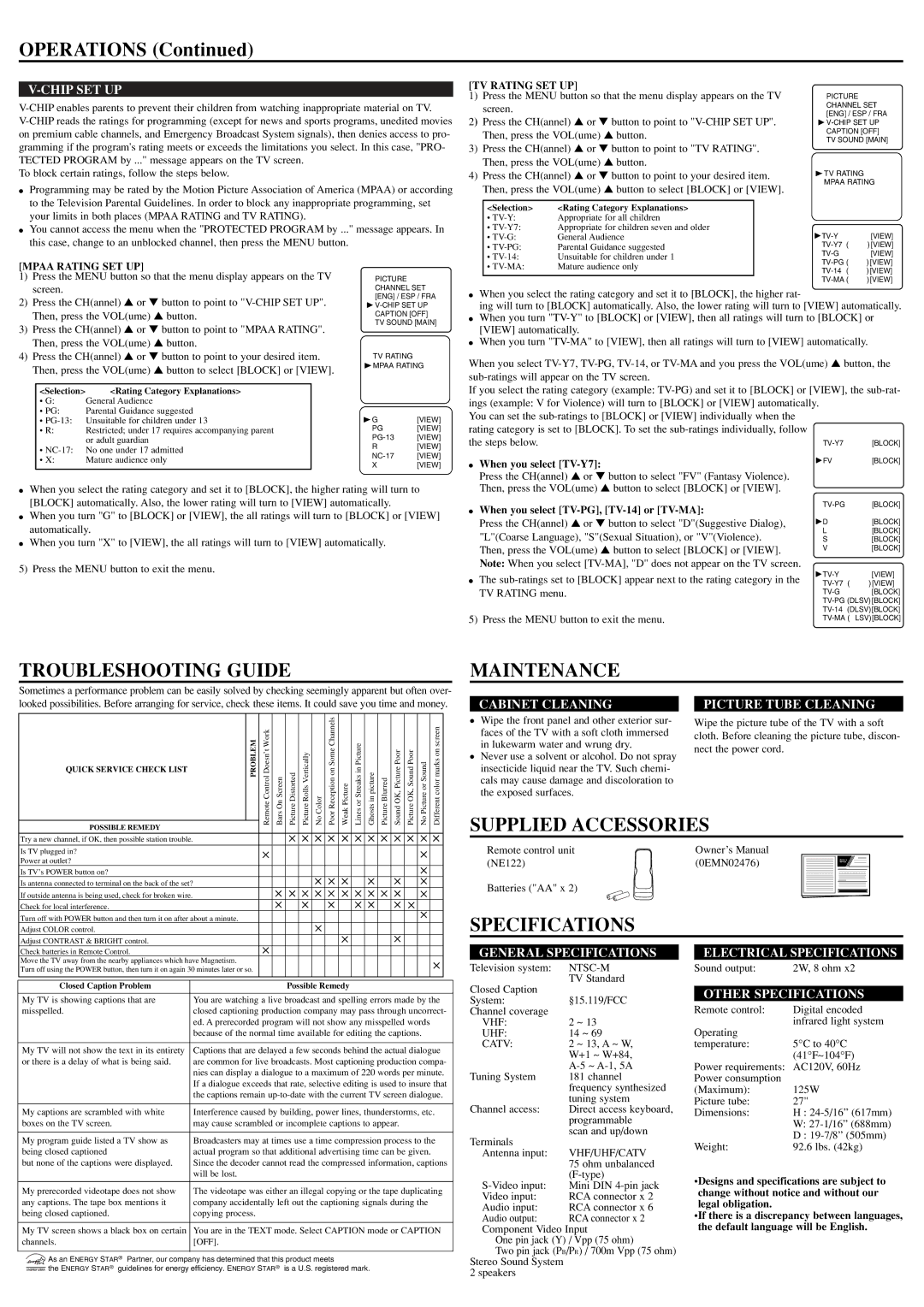 Symphonic CST274FE owner manual Operations, Troubleshooting Guide, Maintenance, Supplied Accessories, Specifications 