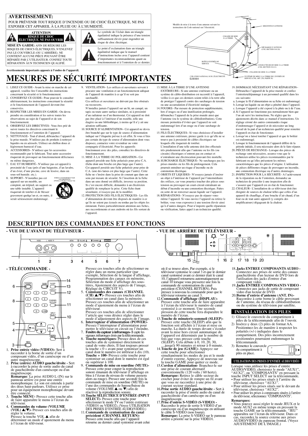 Symphonic CST274FE Mesures DE Sécurité Importantes, Description DES Commandes ET Fonctions, Installation DES Piles 