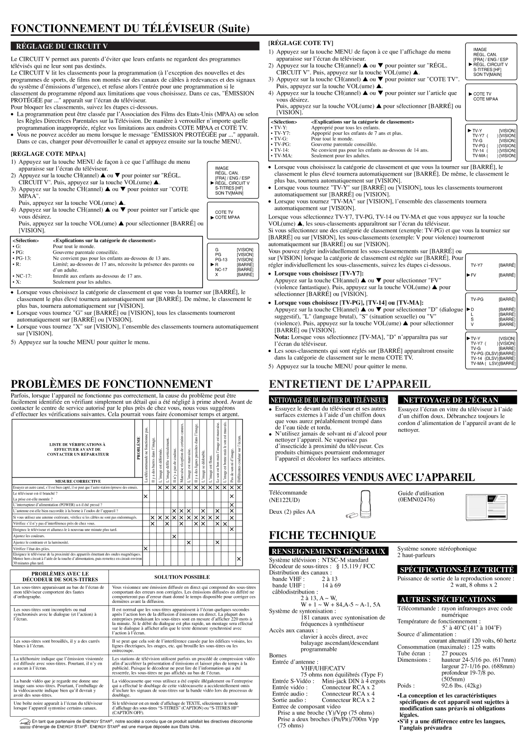 Symphonic CST274FE owner manual Fonctionnement DU Téléviseur Suite, Problèmes DE Fonctionnement, Entretient DE L’APPAREIL 