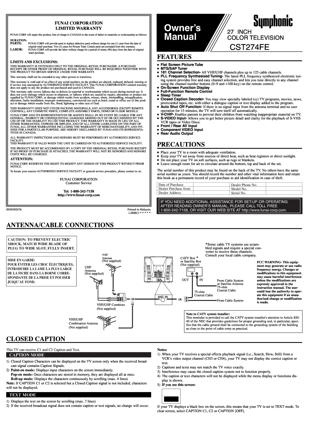 Symphonic CST274FE owner manual Features, Precautions, Antenna/Cable Connections, Closed Caption, Caption Mode, Text Mode 