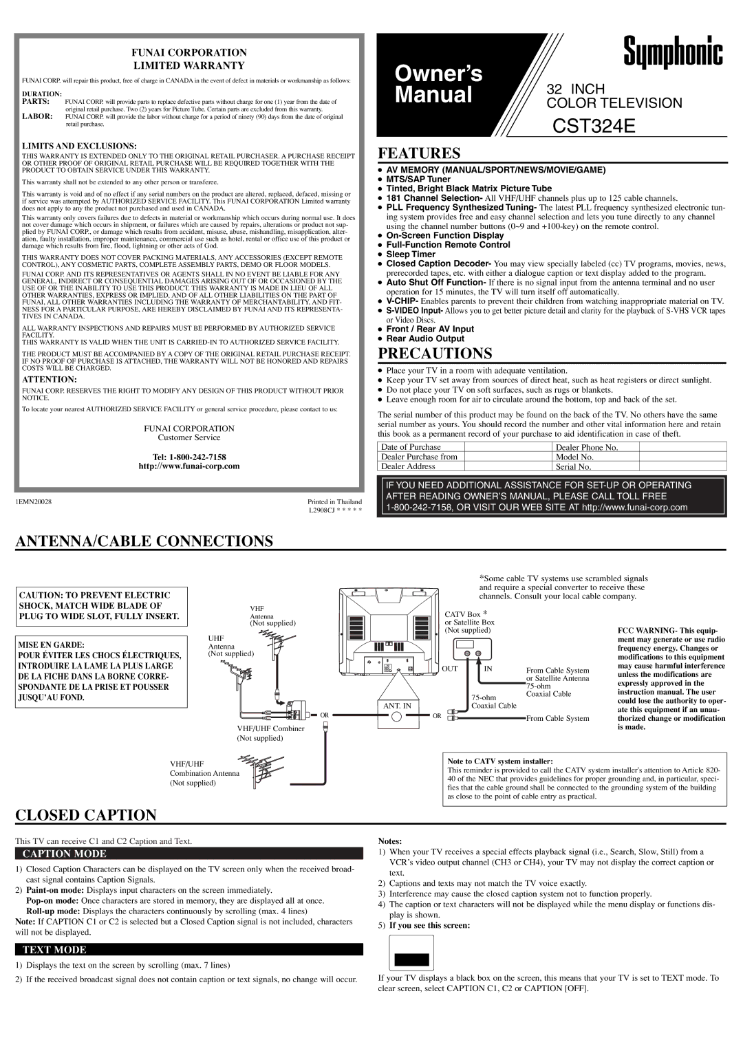 Symphonic CST324E owner manual Features, Precautions, ANTENNA/CABLE Connections, Closed Caption 