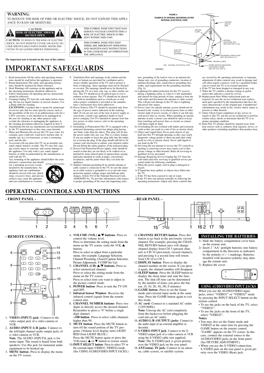 Symphonic CST324E owner manual Important Safeguards, Rear Panel, Remote Control, Installing the Batteries 