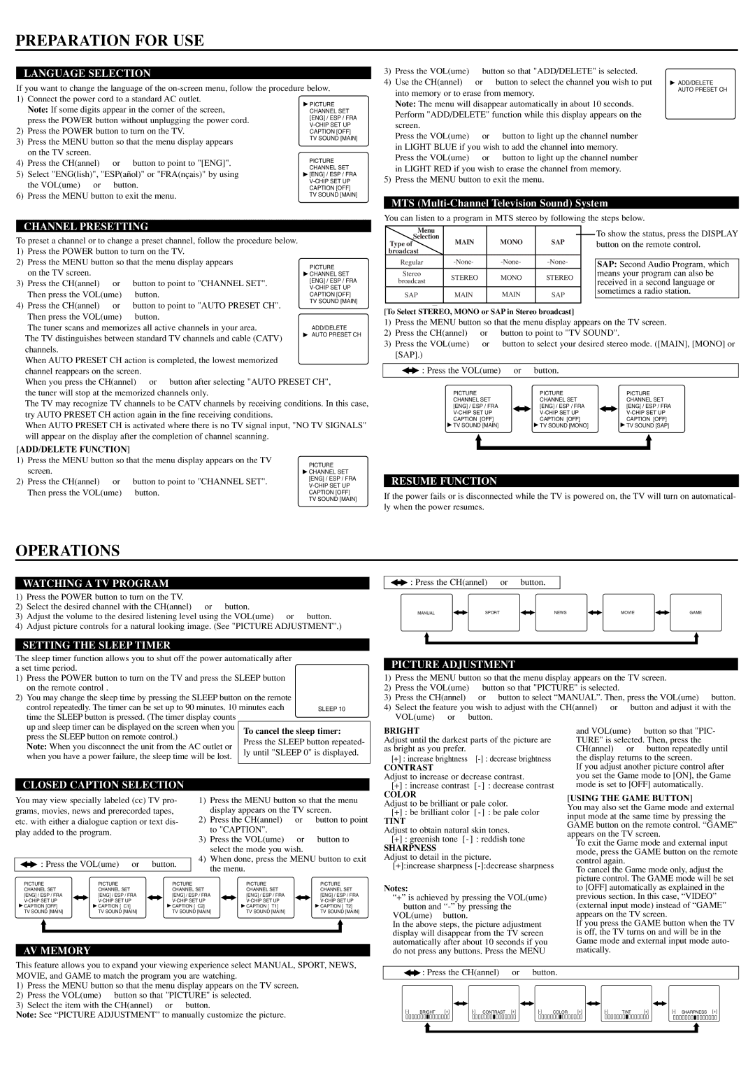 Symphonic CST324E owner manual Preparation for USE, Operations 