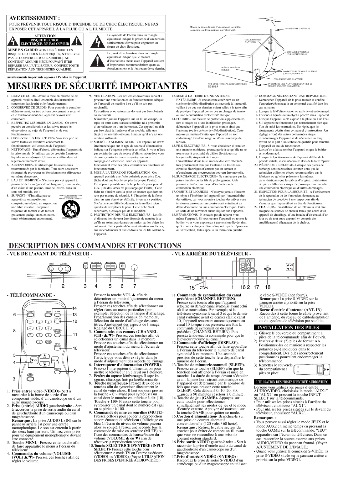 Symphonic CST324E Mesures DE Sécurité Importantes, Description DES Commandes ET Fonctions, Installation DES Piles, Mode D’ 