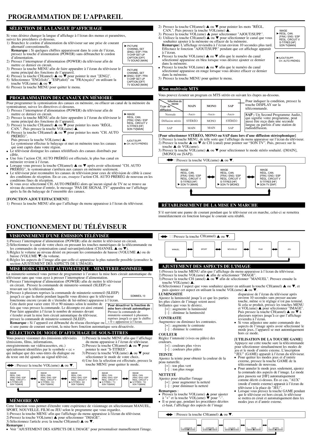 Symphonic CST324E owner manual Programmation DE L’APPAREIL, Fonctionnement DU Téléviseur 