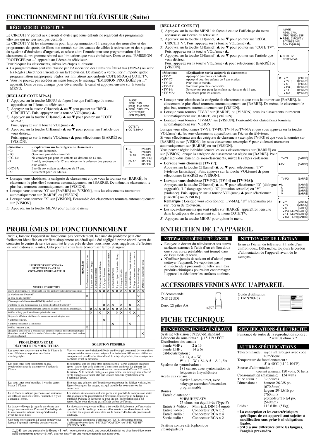 Symphonic CST324E owner manual Fonctionnement DU Téléviseur Suite, Problèmes DE Fonctionnement, Entretien DE L’APPAREIL 