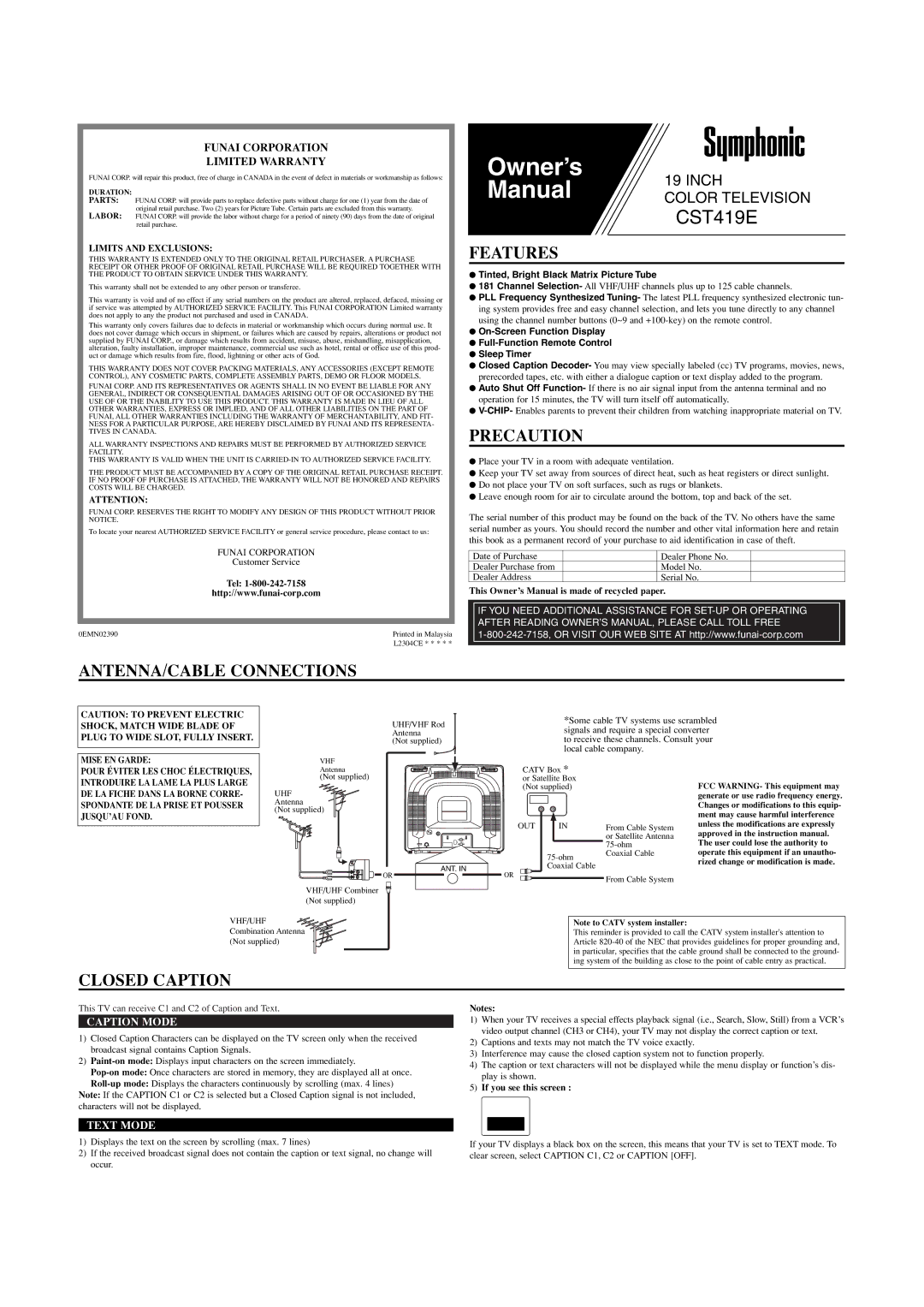 Symphonic CST419E owner manual Owner’s, Manual 