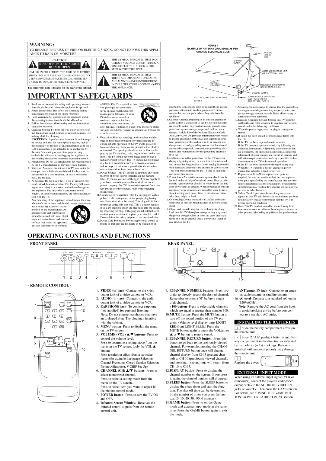 Symphonic CST419E Operating Controls and Functions, Front Panel Rear Panel, Remote Control, Installing the Batteries 