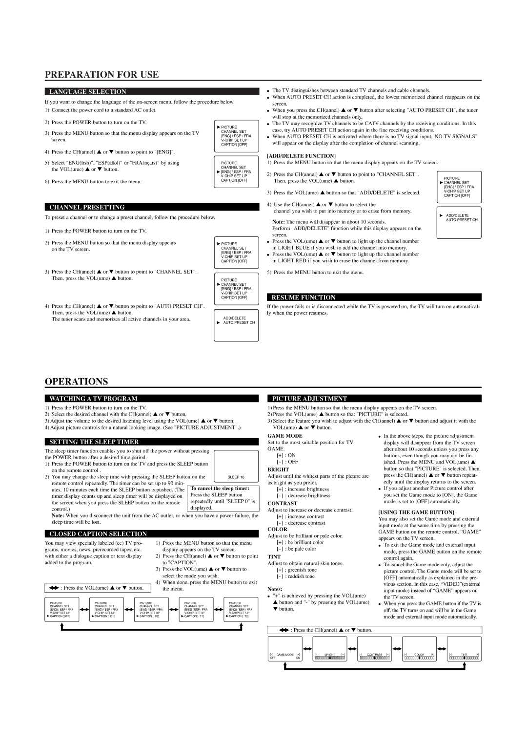 Symphonic CST419E owner manual Preparation for USE, Operations 