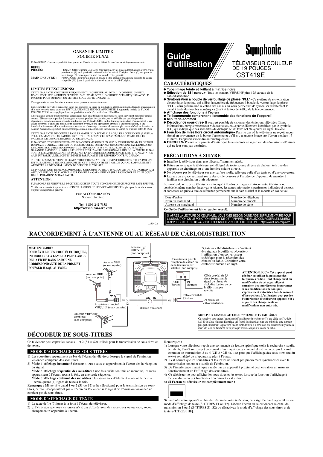 Symphonic CST419E owner manual Guide, Raccordement À L’ANTENNE OU AU Réseau DE Câblodistribution, Décodeur DE SOUS-TITRES 