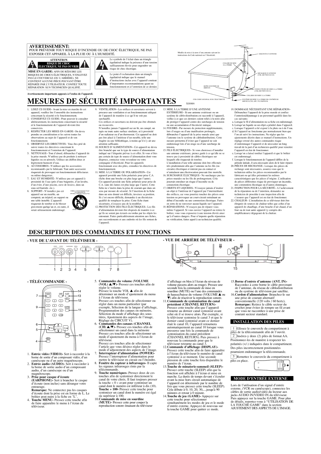 Symphonic CST419E Description DES Commandes ET Fonctions, Avertissement, Installation DES Piles, Mode D’ENTRÉE Externe 