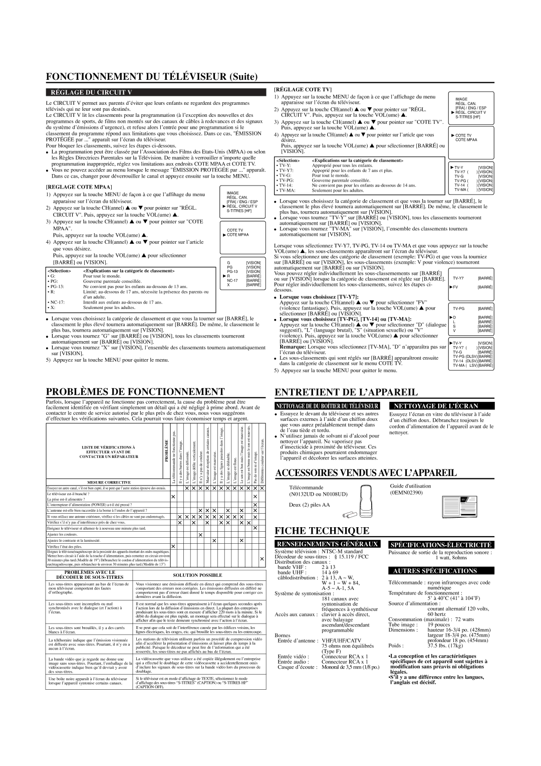 Symphonic CST419E Fonctionnement DU Téléviseur Suite, Problèmes DE Fonctionnement, Accessoires Vendus Avec L’APPAREIL 