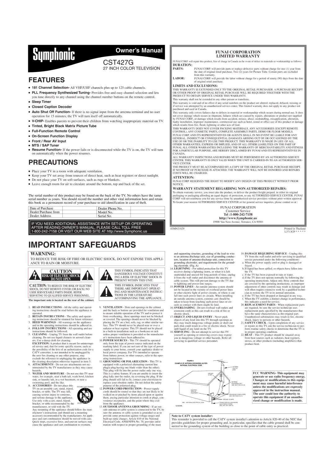 Symphonic CST427G owner manual Features, Precautions 