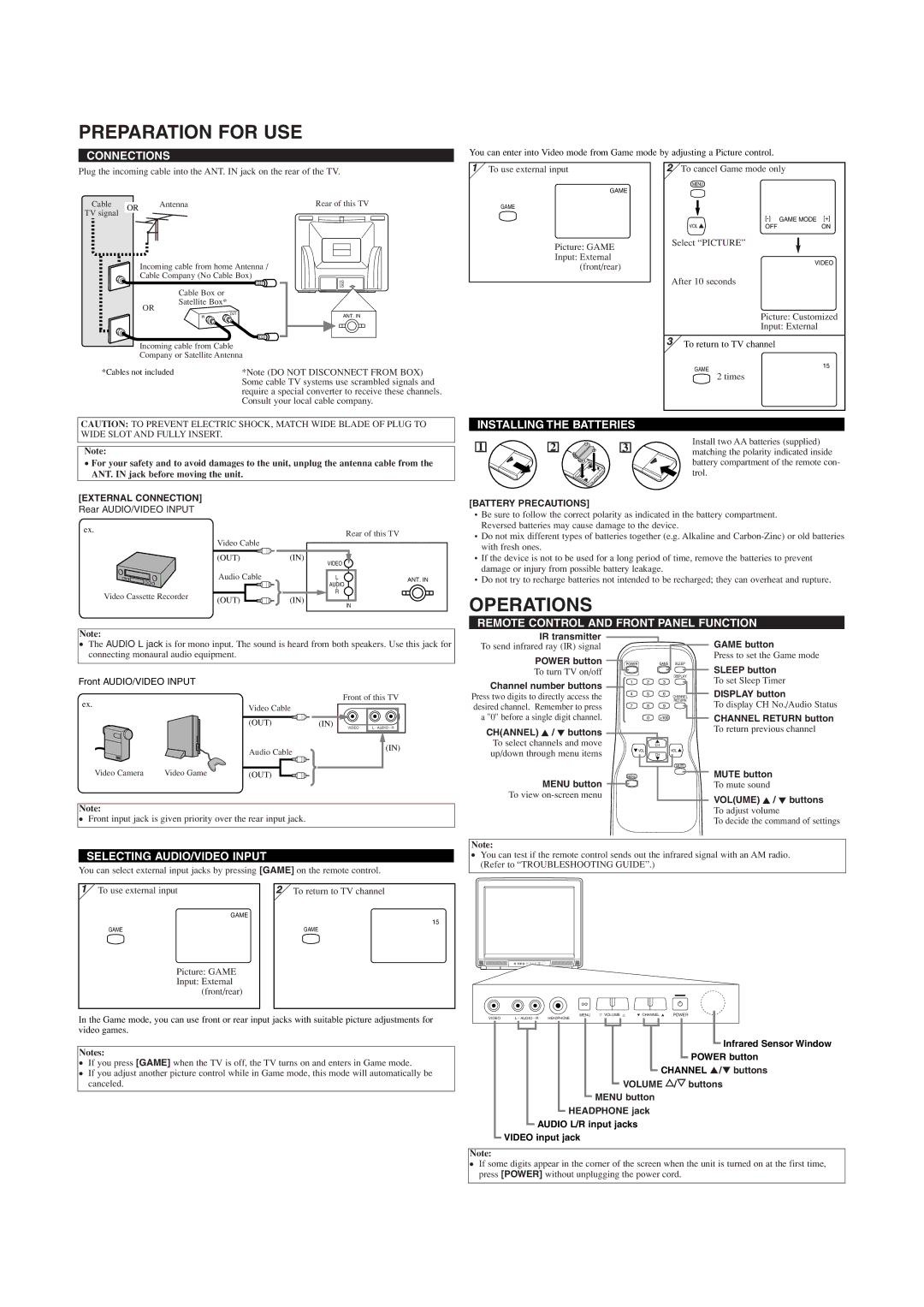 Symphonic CST427G owner manual Preparation for USE, Operations 