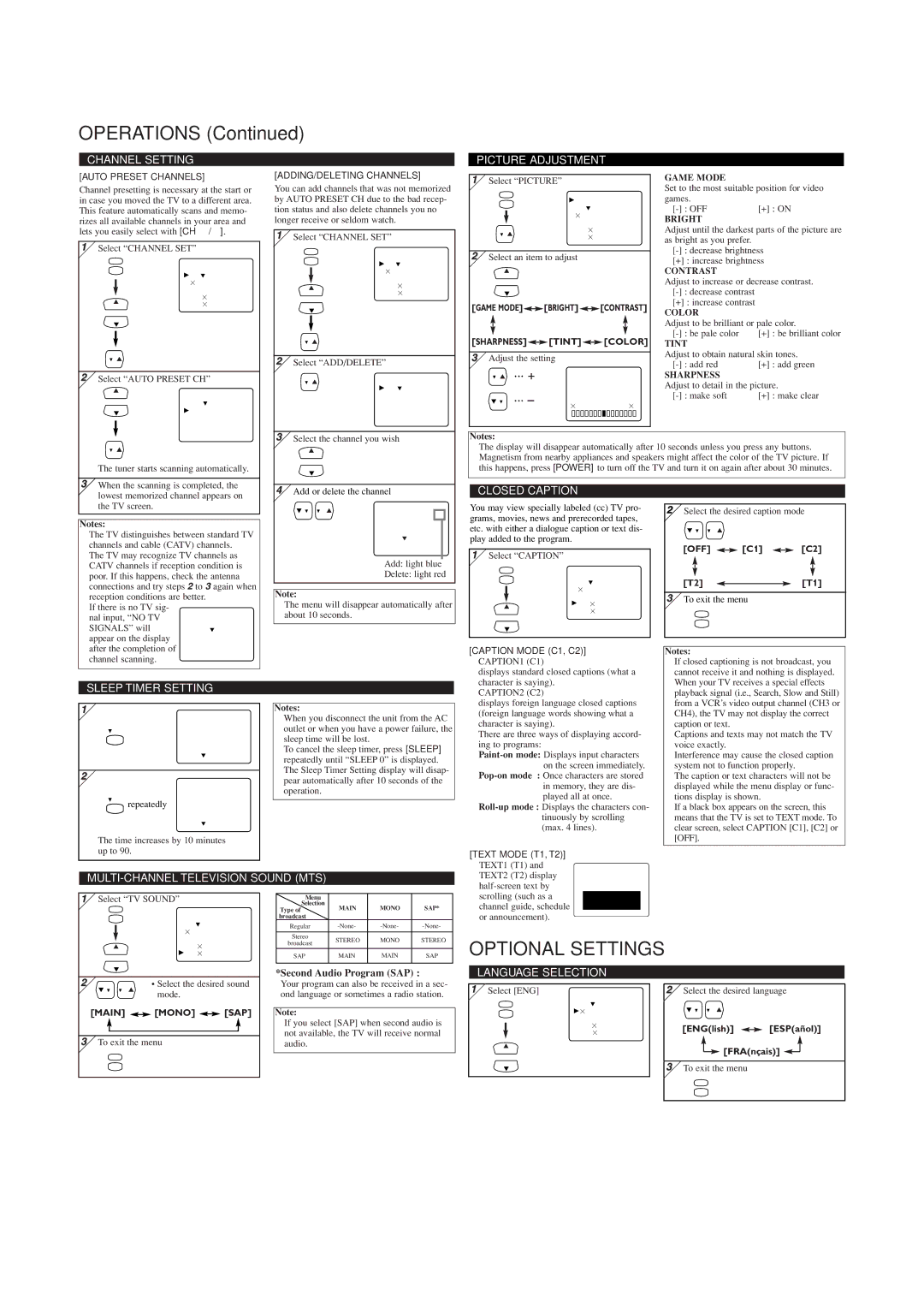 Symphonic CST427G owner manual Optional Settings 