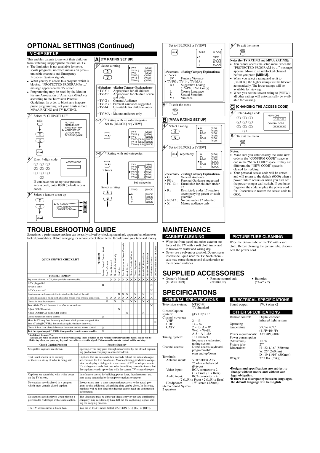 Symphonic CST427G owner manual Troubleshooting Guide, Maintenance, Specifications 