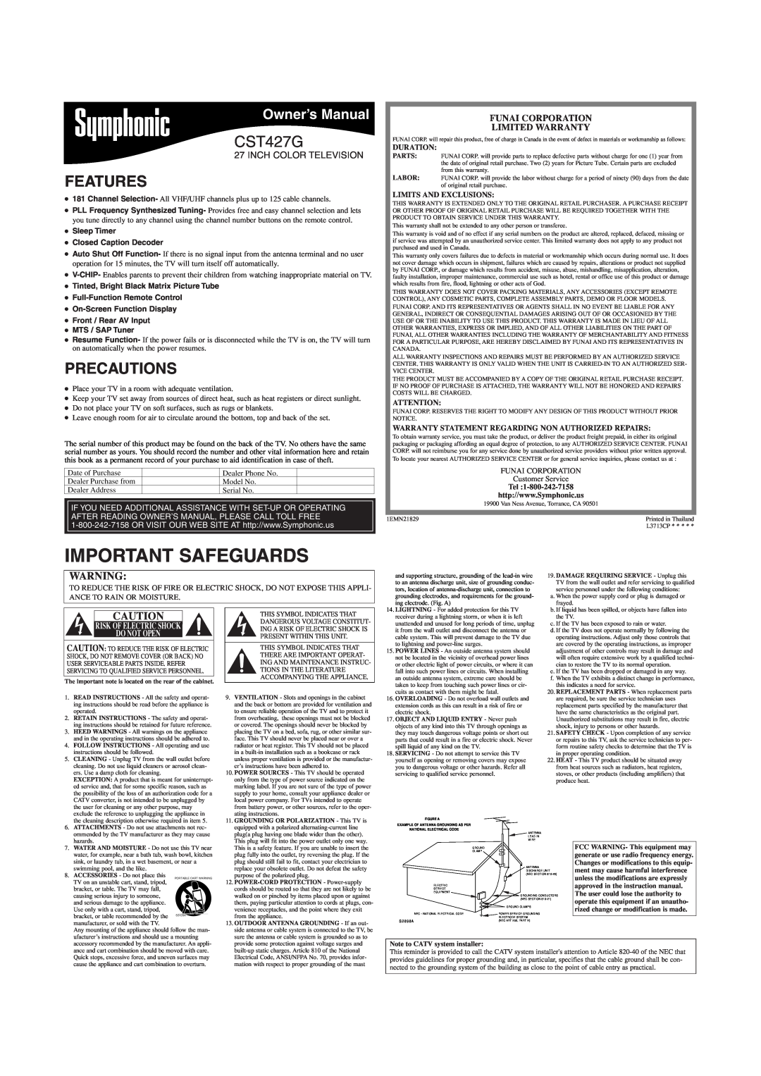 Symphonic CST427G owner manual Features, Precautions, Duration, Limits And Exclusions, Important Safeguards 