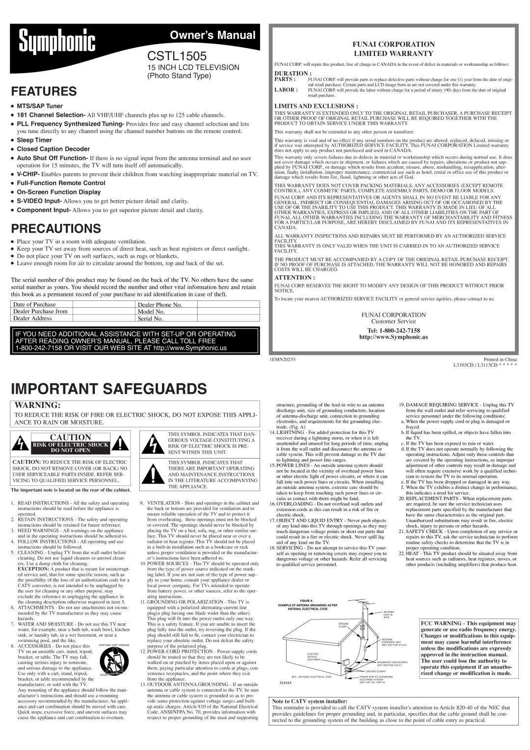 Symphonic CSTL1505 owner manual Important Safeguards, Features, Precautions, Funai Corporation Limited Warranty 