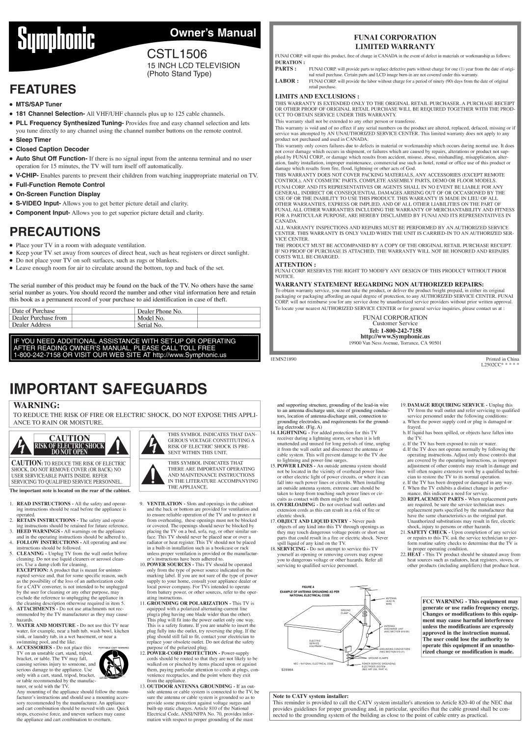 Symphonic CSTL1506 owner manual Features, Precautions, Funai Corporation Limited Warranty 