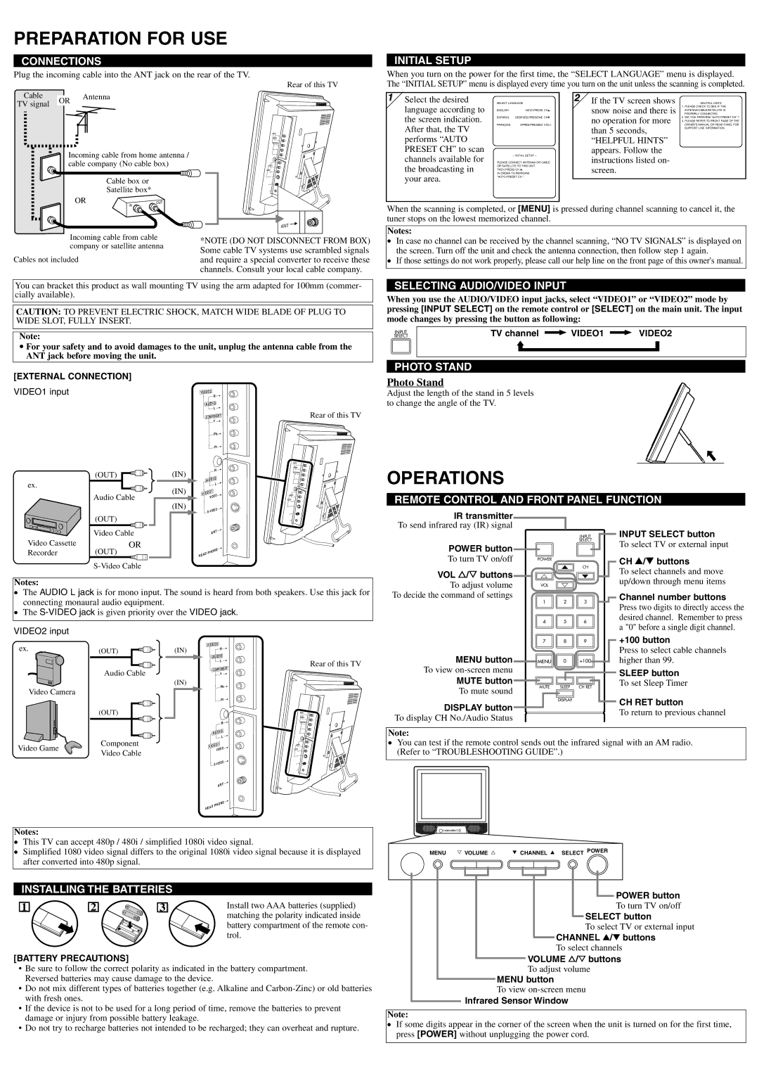 Symphonic CSTL1506 owner manual Preparation for USE, Operations 