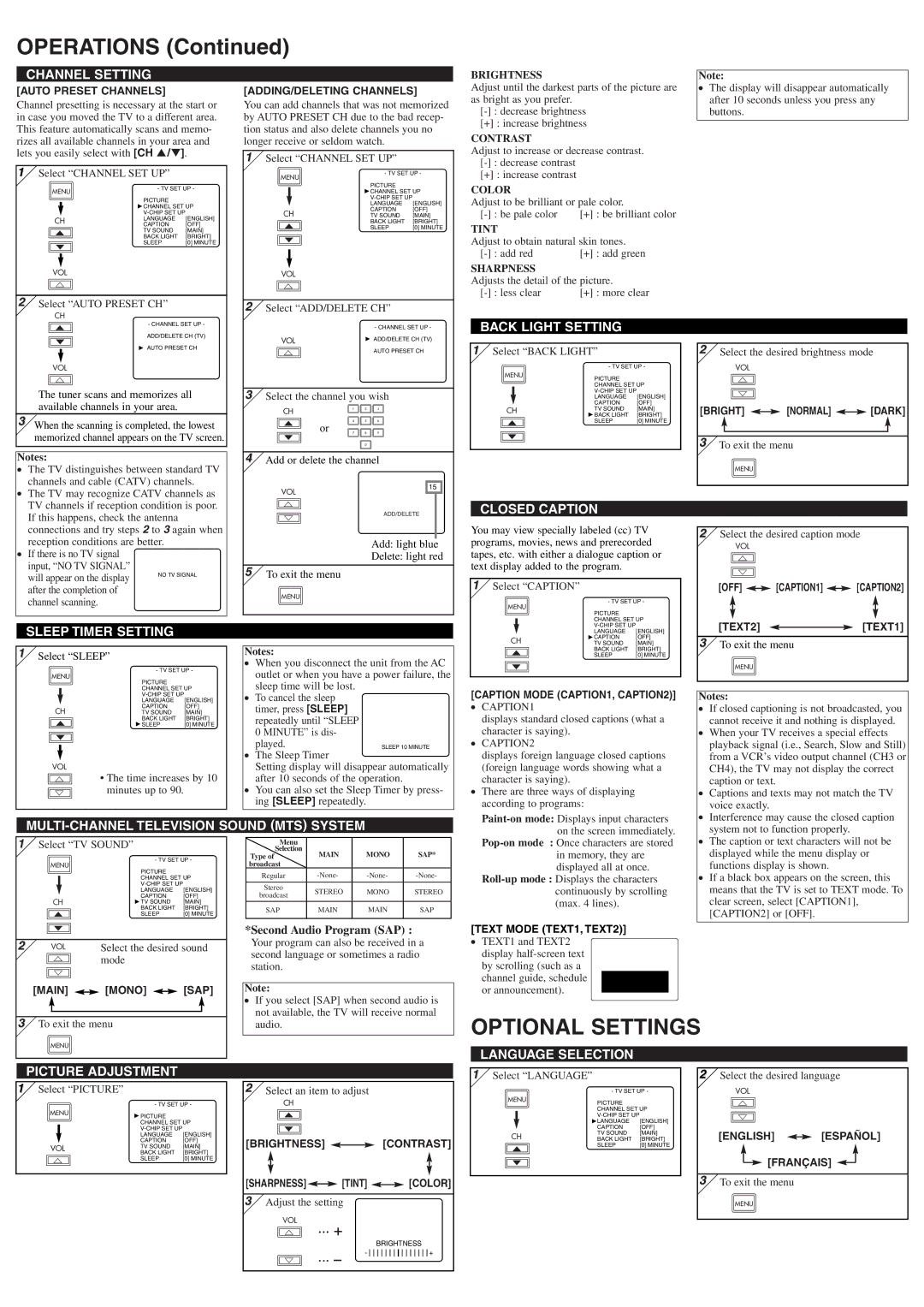 Symphonic CSTL1506 owner manual Operations, Optional Settings 