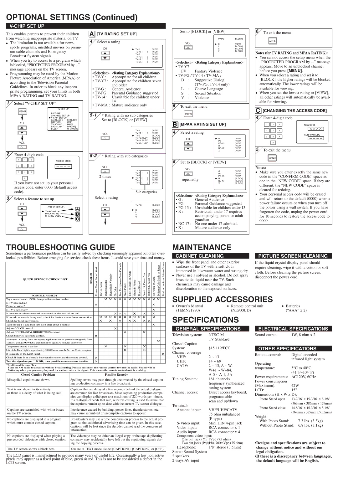 Symphonic CSTL1506 owner manual Optional Settings, Troubleshooting Guide, Maintenance, Supplied Accessories, Specifications 