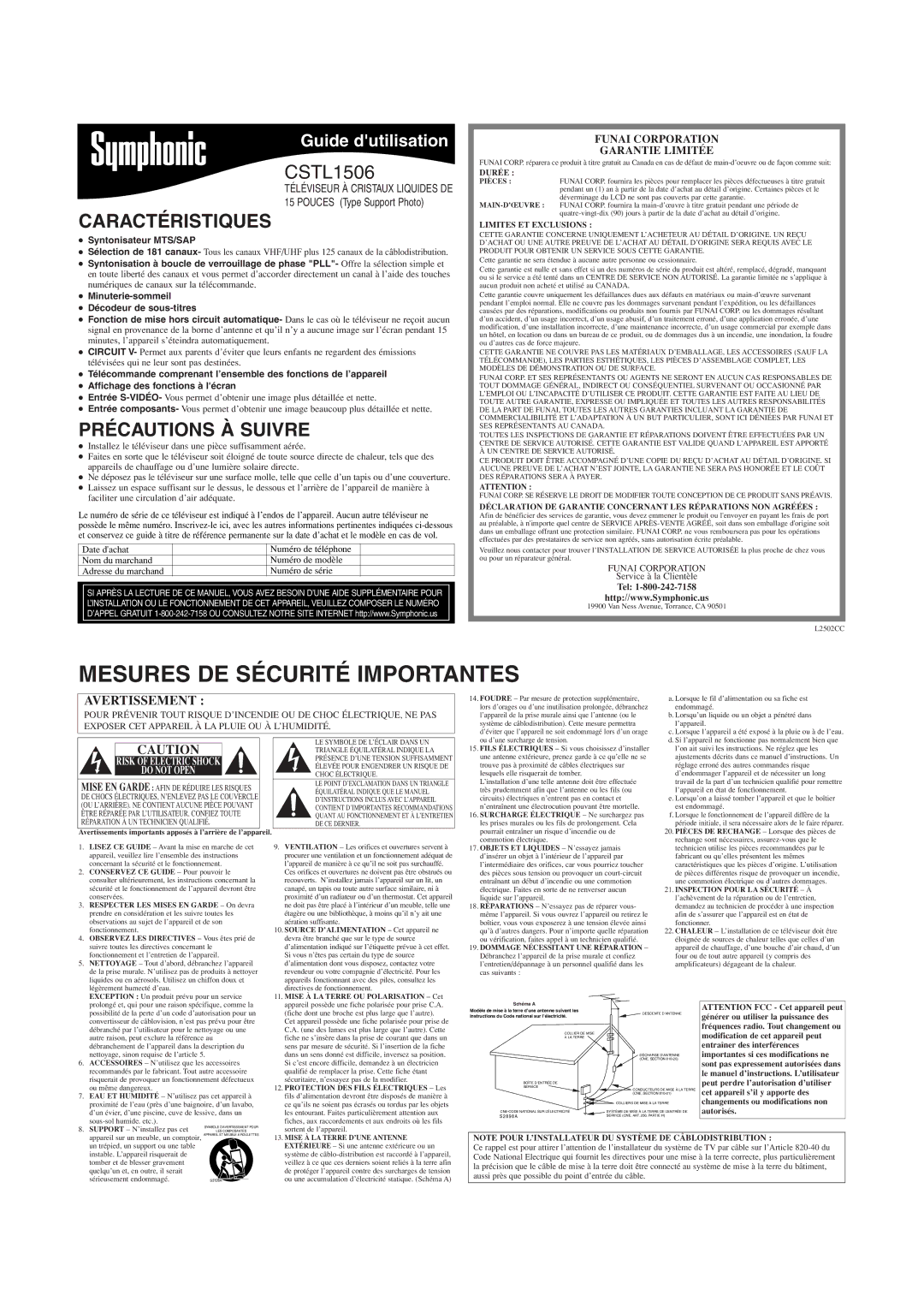 Symphonic CSTL1506 owner manual Caractéristiques, Précautions À Suivre, Avertissement, Syntonisateur MTS/SAP, Tel 