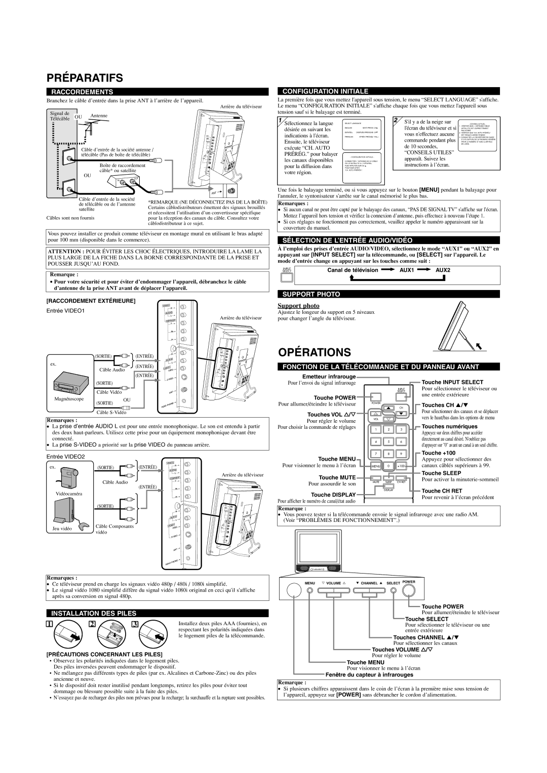 Symphonic CSTL1506 owner manual Préparatifs, Opérations 