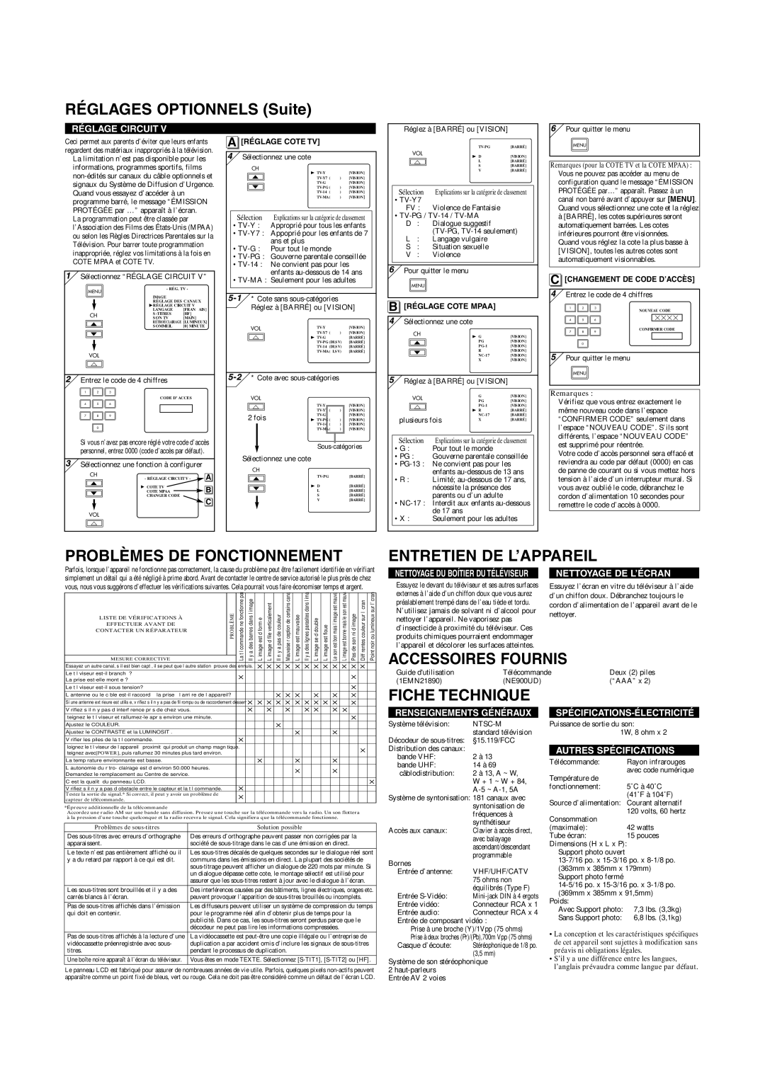 Symphonic CSTL1506 Réglages Optionnels Suite, Problèmes DE Fonctionnement, Entretien DE L’APPAREIL, Accessoires Fournis 