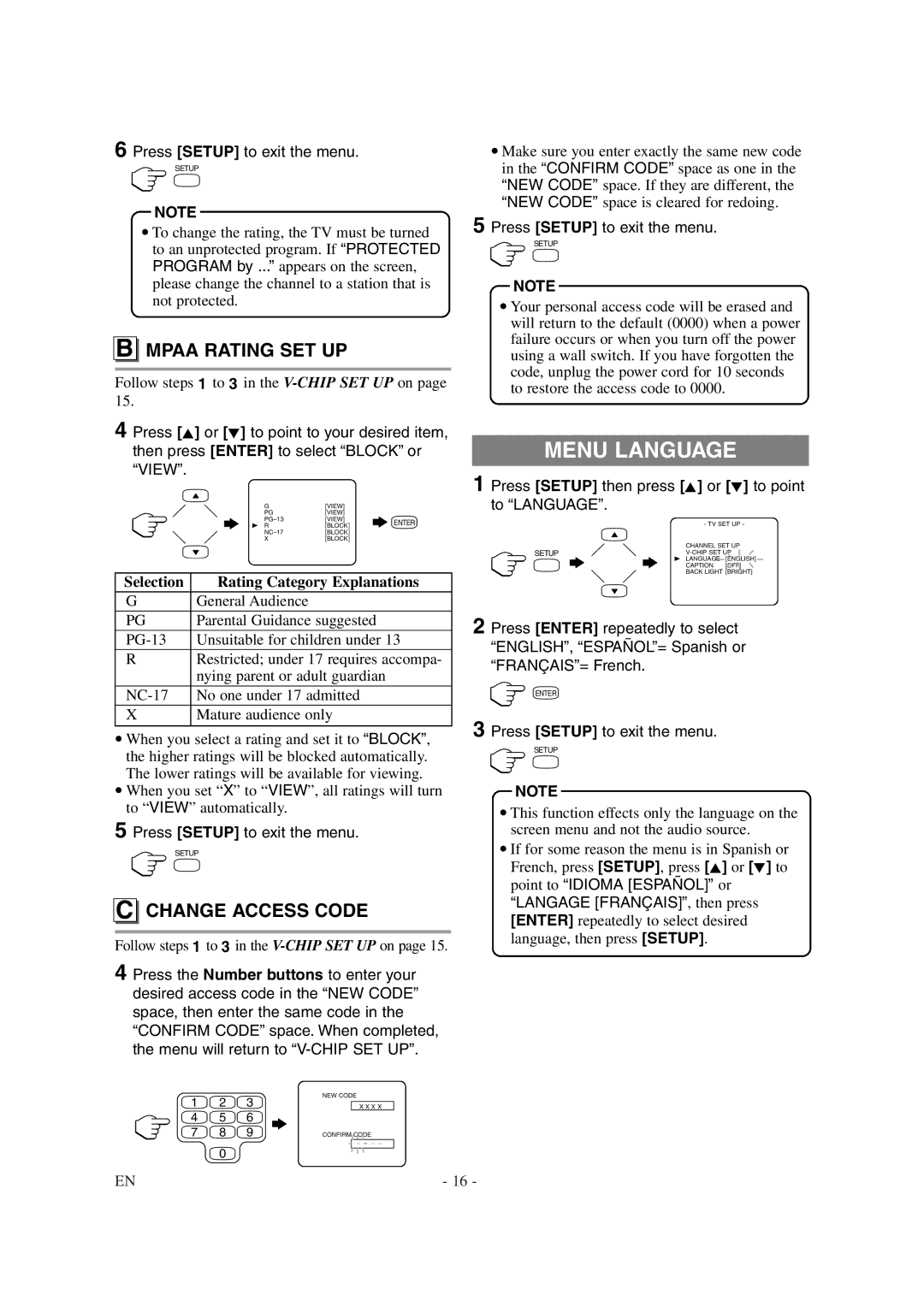 Symphonic CSTL20D6 Menu Language, Mpaa Rating SET UP, Change Access Code, Follow steps 1 to 3 in the V-CHIP SET UP on 