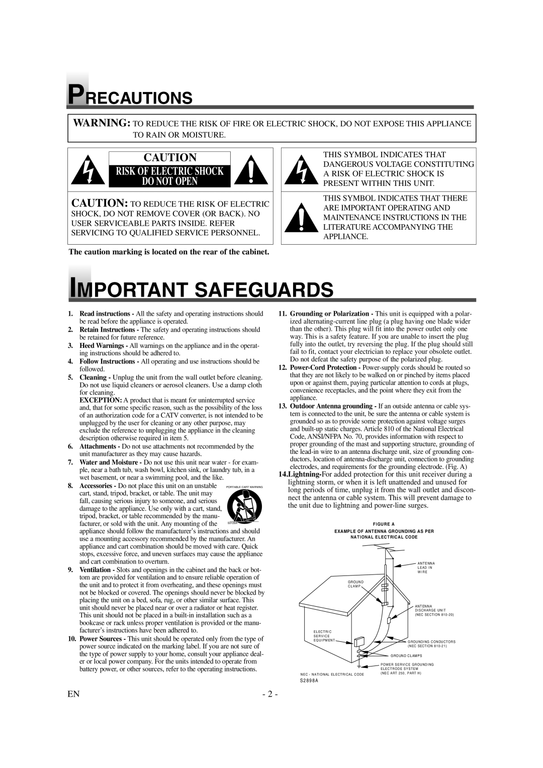 Symphonic CSTL20D6 owner manual Precautions, Risk of Electric Shock Do not Open 