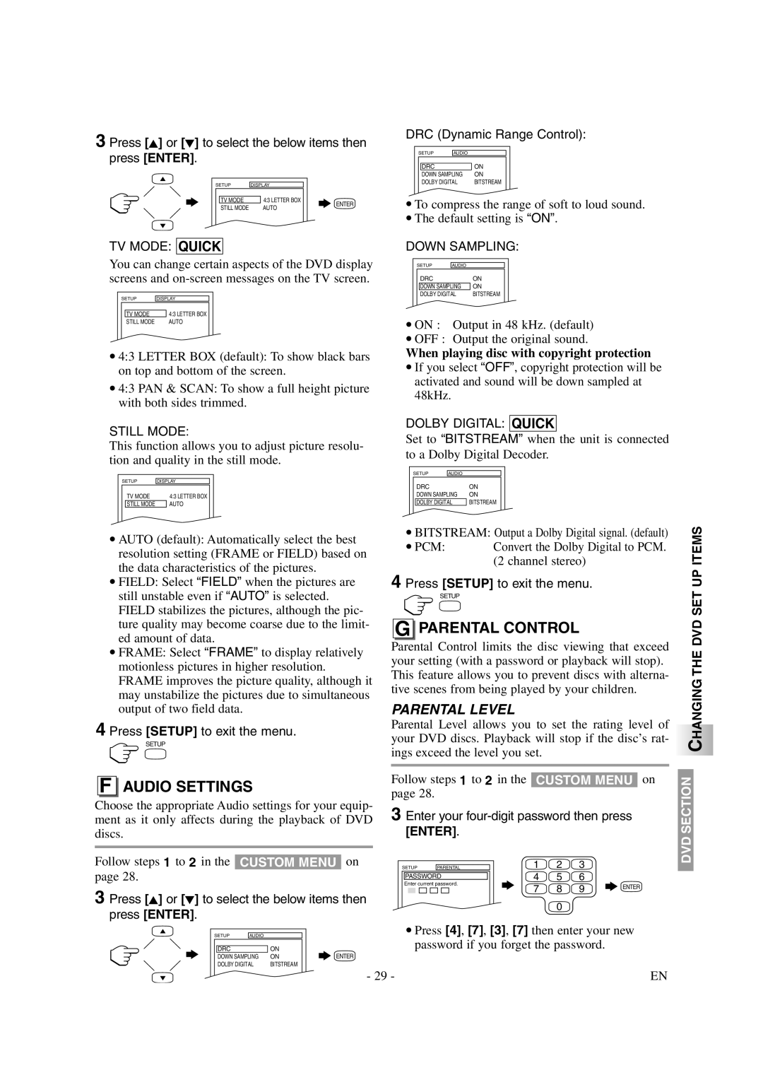 Symphonic CSTL20D6 owner manual Audio Settings, Parental Control, When playing disc with copyright protection 