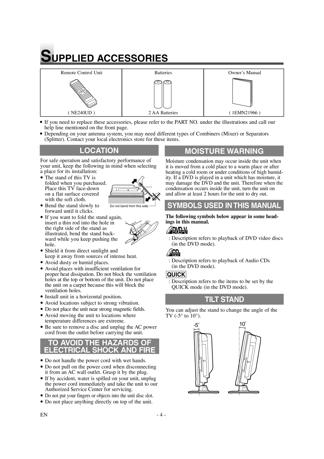 Symphonic CSTL20D6 owner manual Supplied Accessories, Location, Moisture Warning, Symbols Used in this Manual, Tilt Stand 