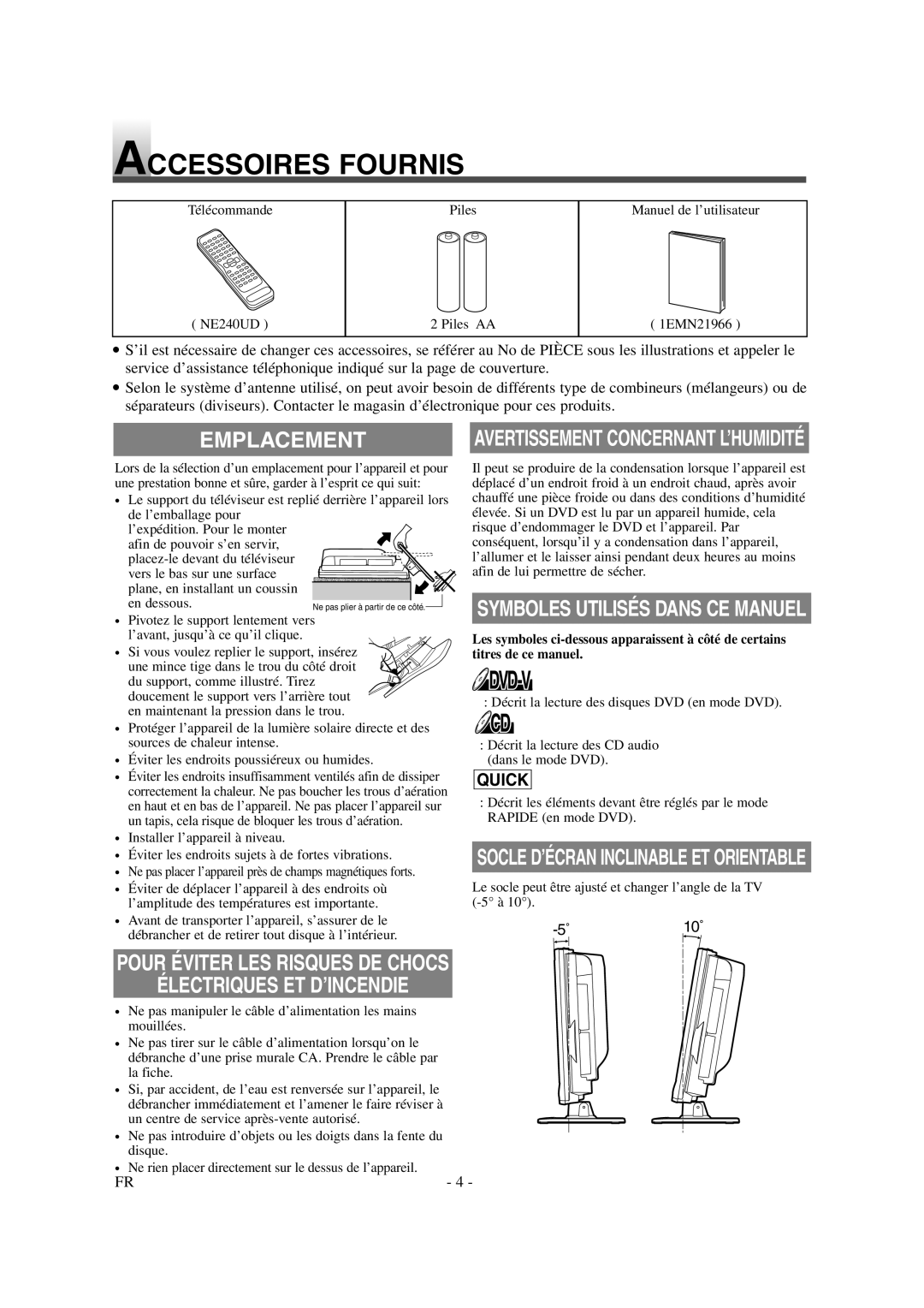 Symphonic CSTL20D6 owner manual Accessoires Fournis, Emplacement, Symboles Utilisés Dans CE Manuel 