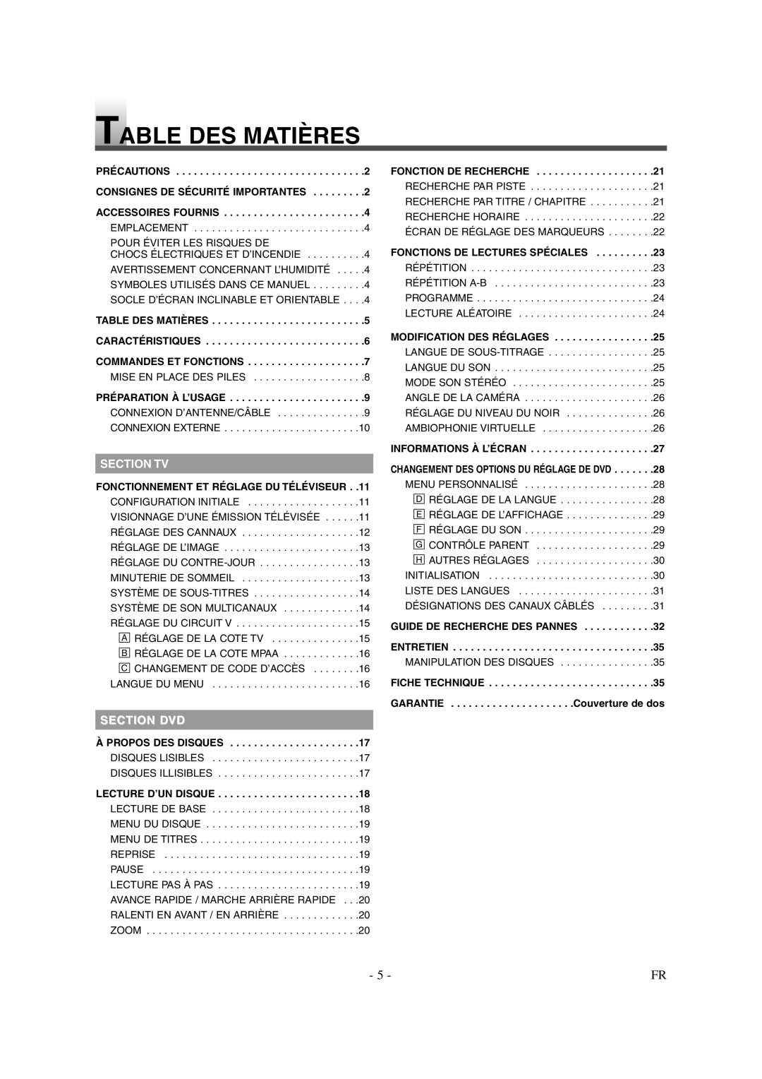 Symphonic CSTL20D6 owner manual Table DES Matières, Section TV 