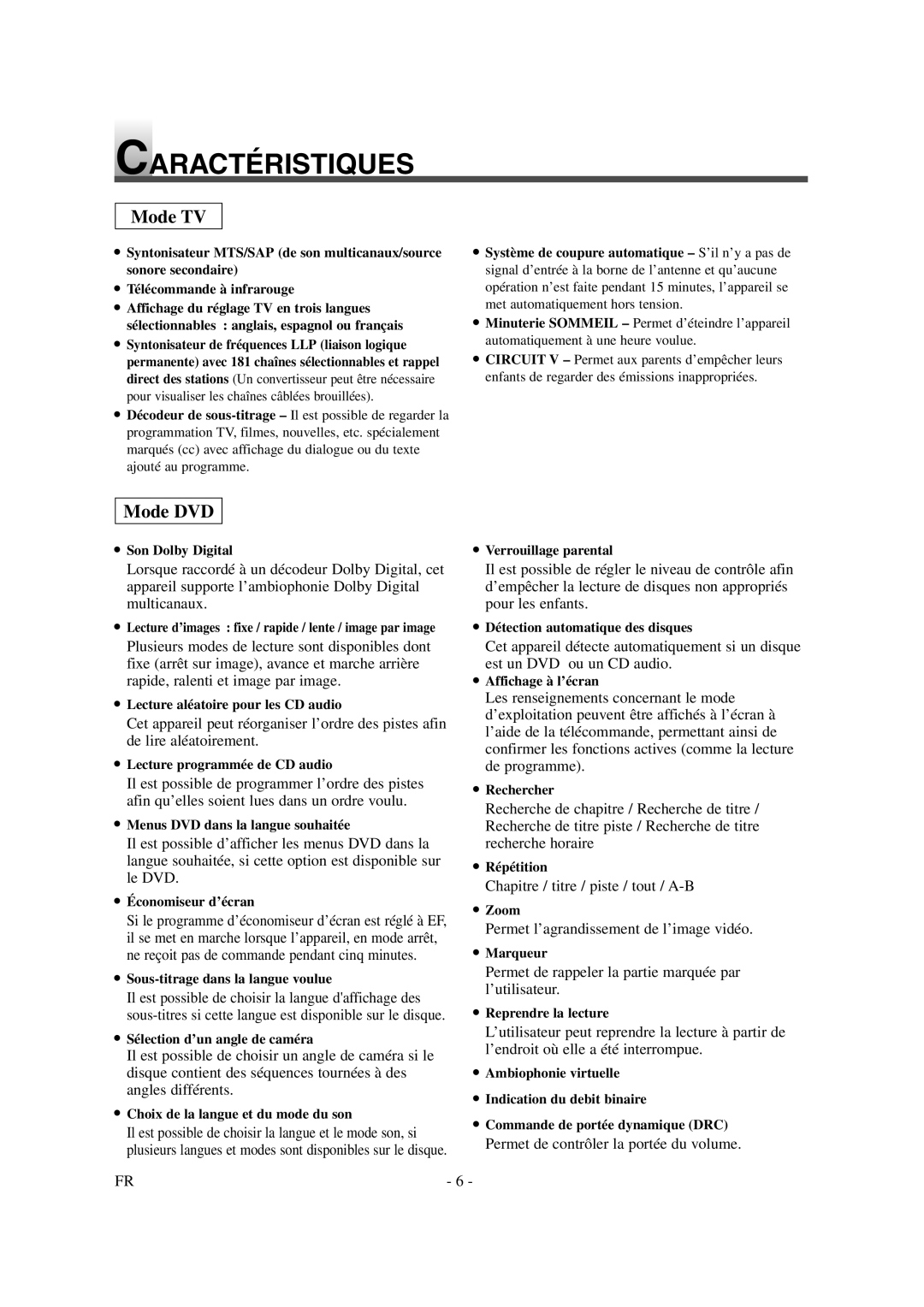 Symphonic CSTL20D6 Caractéristiques, Chapitre / titre / piste / tout / A-B, Permet l’agrandissement de l’image vidéo 