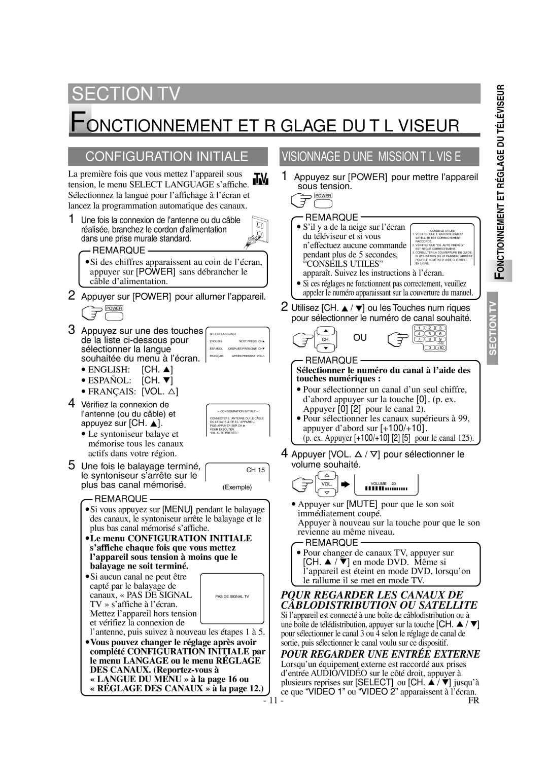 Symphonic CSTL20D6 Fonctionnement ET Réglage DU Téléviseur, Configuration Initiale, Pour Regarder UNE Entrée Externe 