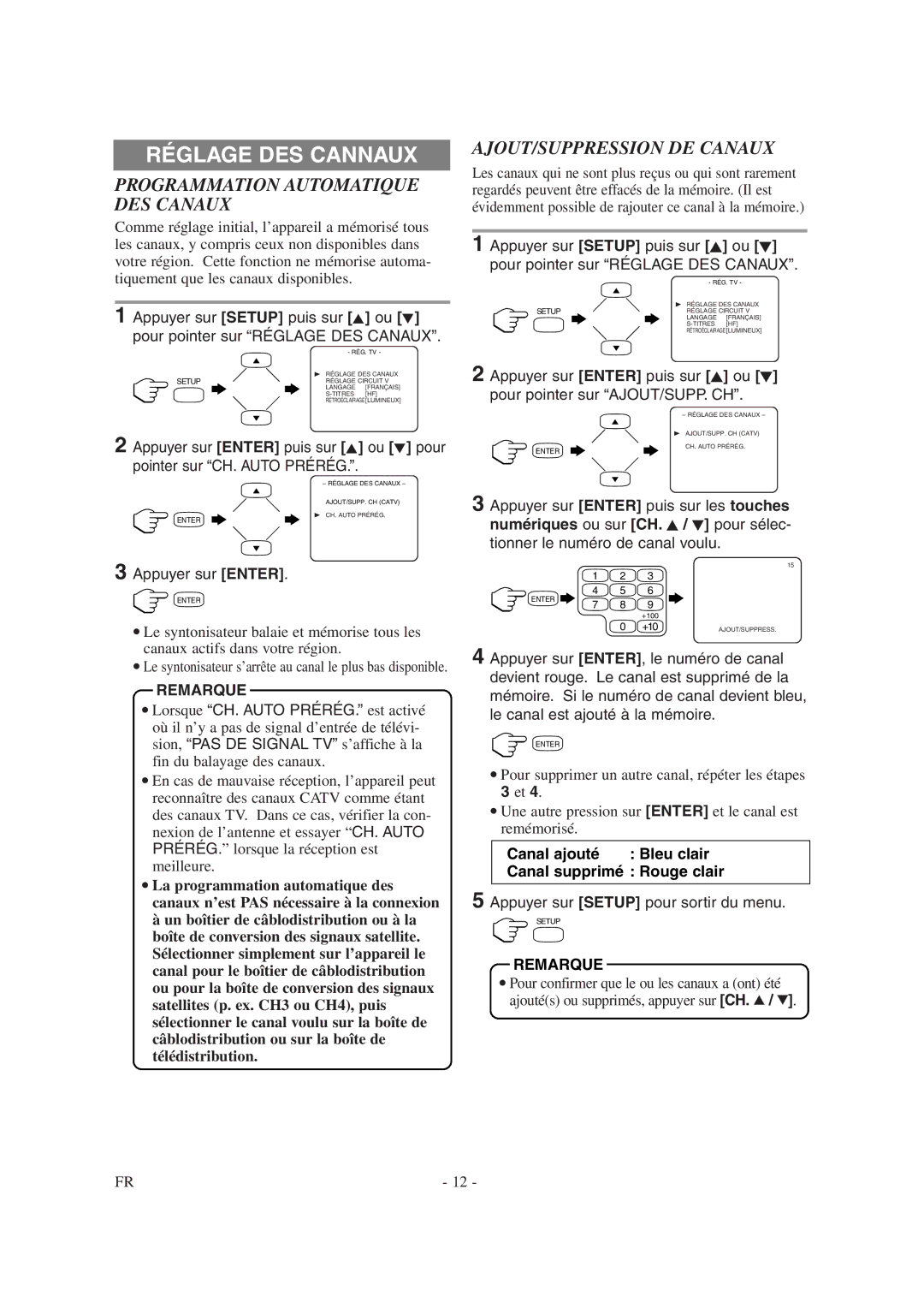 Symphonic CSTL20D6 owner manual Réglage DES Cannaux, Programmation Automatique DES Canaux, AJOUT/SUPPRESSION DE Canaux 