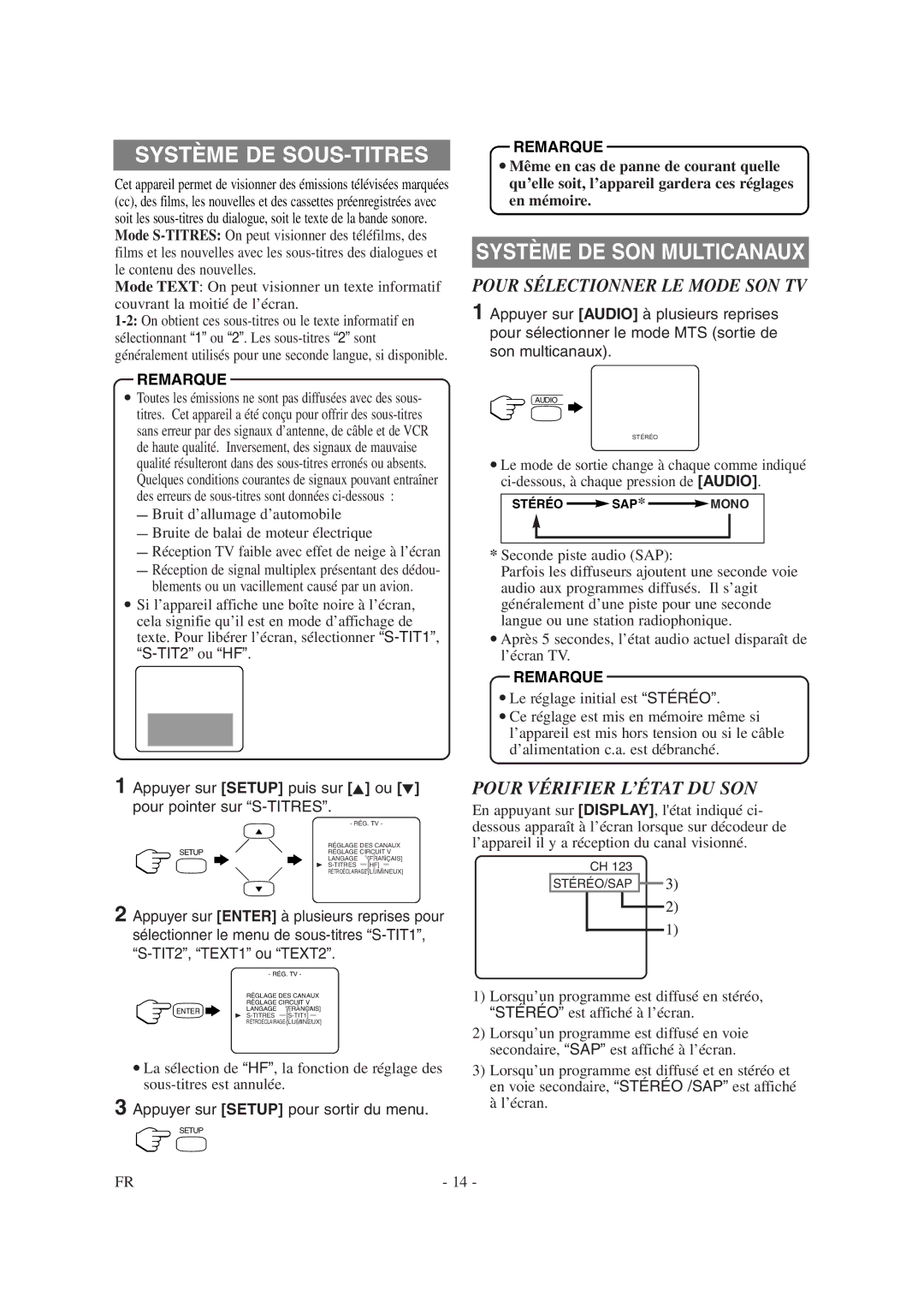 Symphonic CSTL20D6 owner manual Système DE SOUS-TITRES, Système DE SON Multicanaux, Pour Sélectionner LE Mode SON TV 