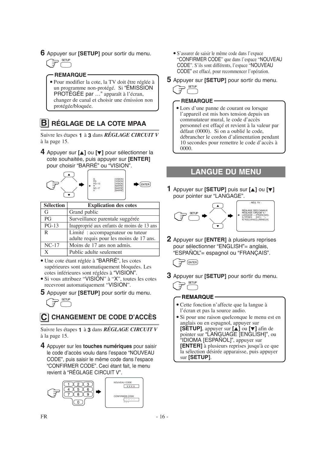 Symphonic CSTL20D6 owner manual Langue DU Menu, Réglage DE LA Cote Mpaa, Changement DE Code D’ACCÈS 