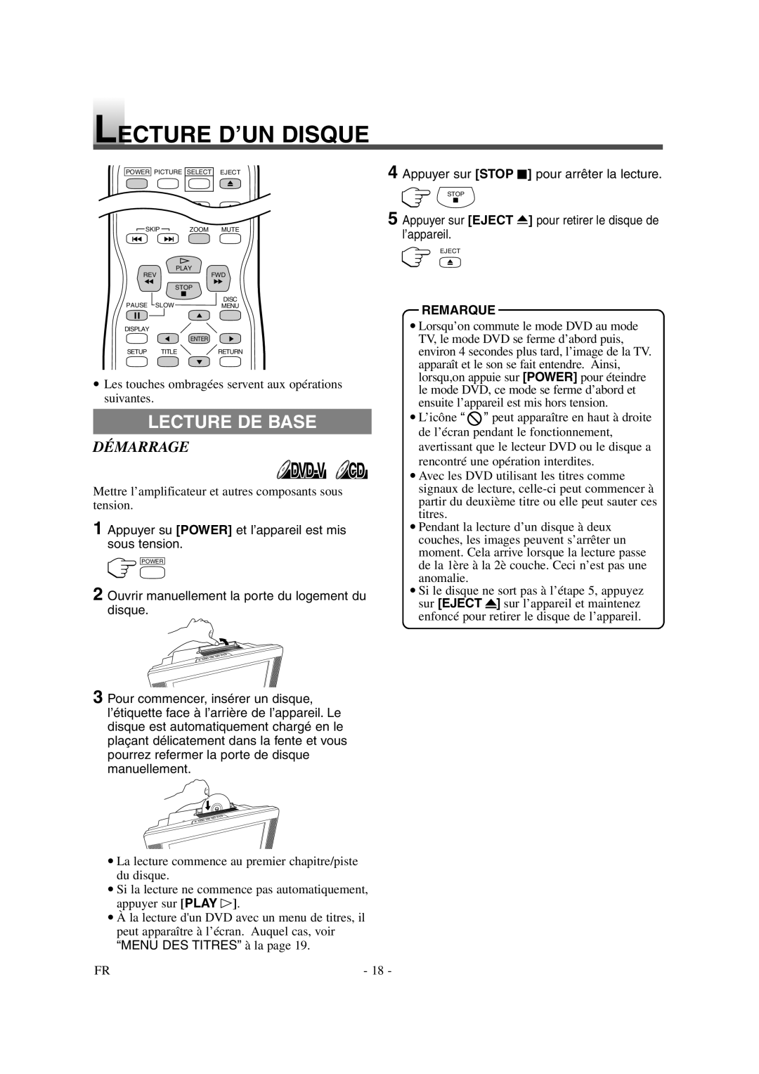 Symphonic CSTL20D6 Lecture D’UN Disque, Lecture DE Base, Démarrage, Appuyer su Power et l’appareil est mis sous tension 