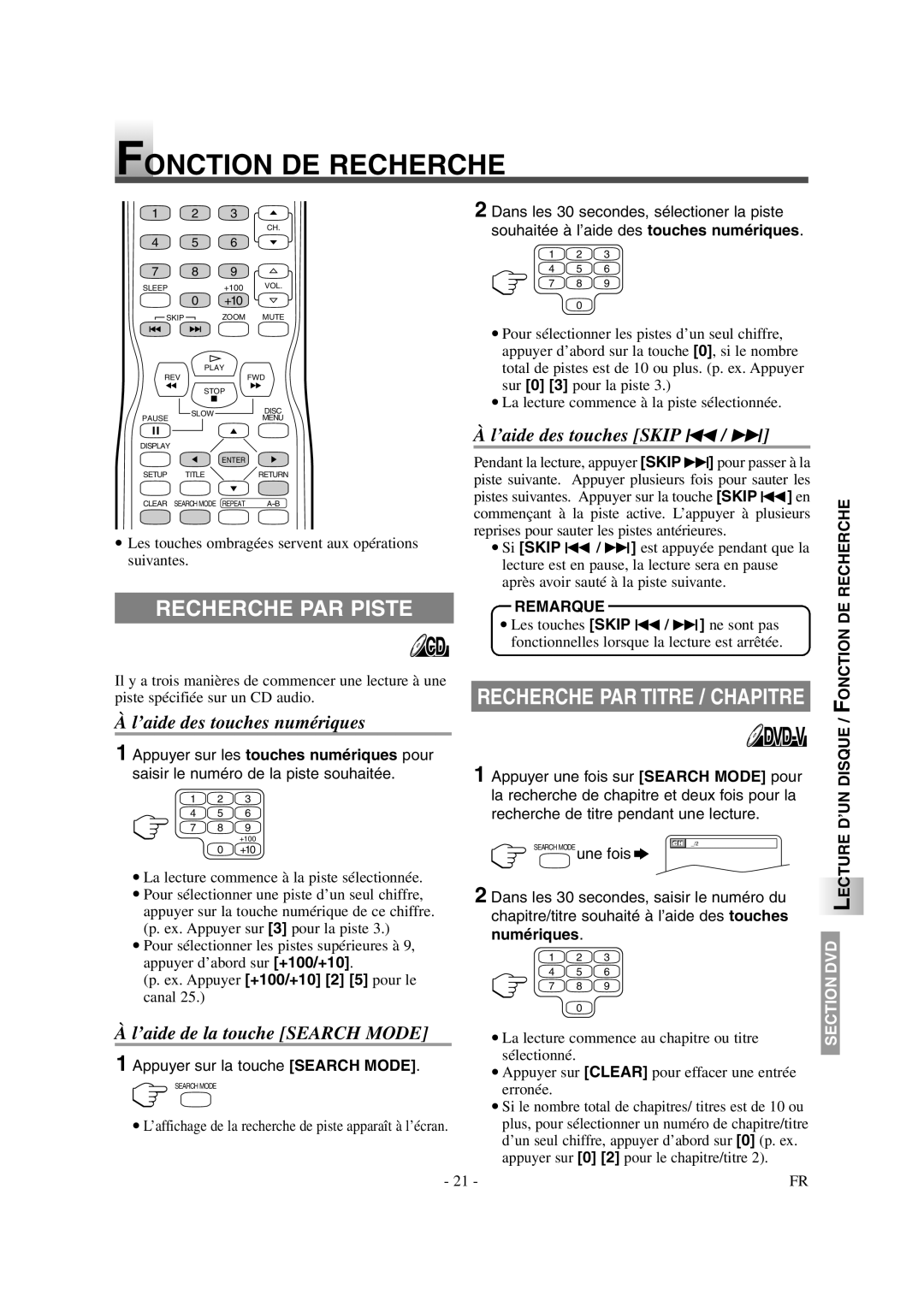 Symphonic CSTL20D6 owner manual Fonction DE Recherche, Recherche PAR Piste, Onction DE Recherche, ’UN Disque / F 