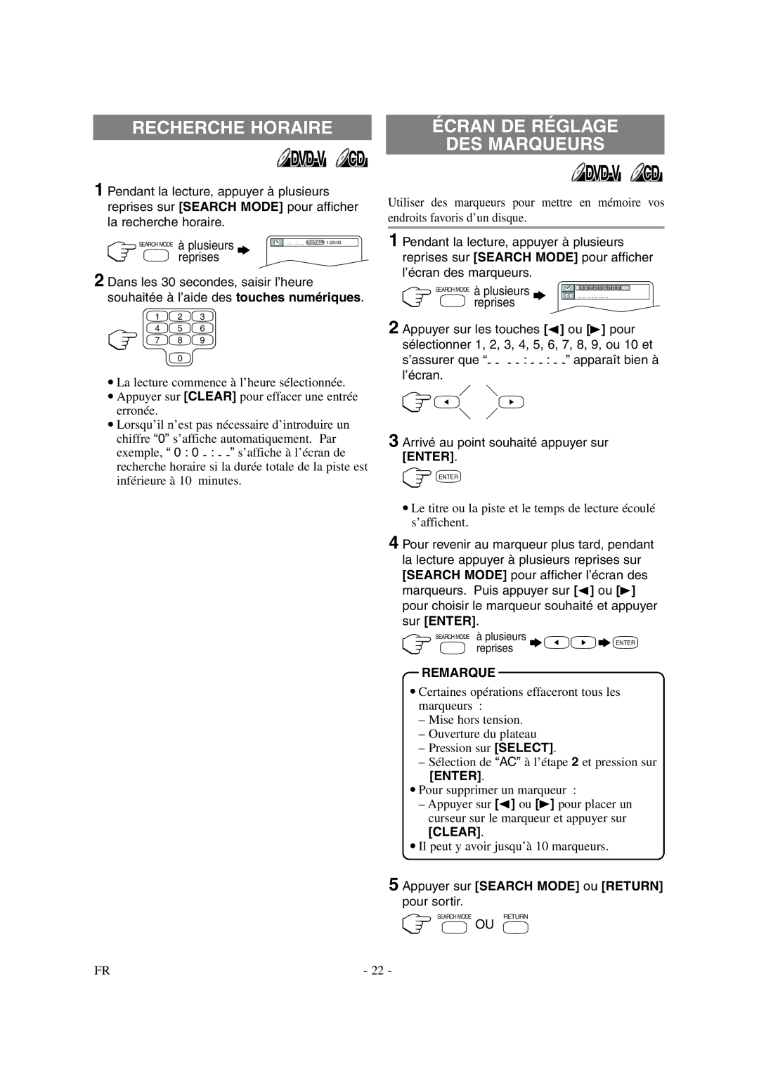 Symphonic CSTL20D6 owner manual Recherche Horaire, Il peut y avoir jusqu’à 10 marqueurs 