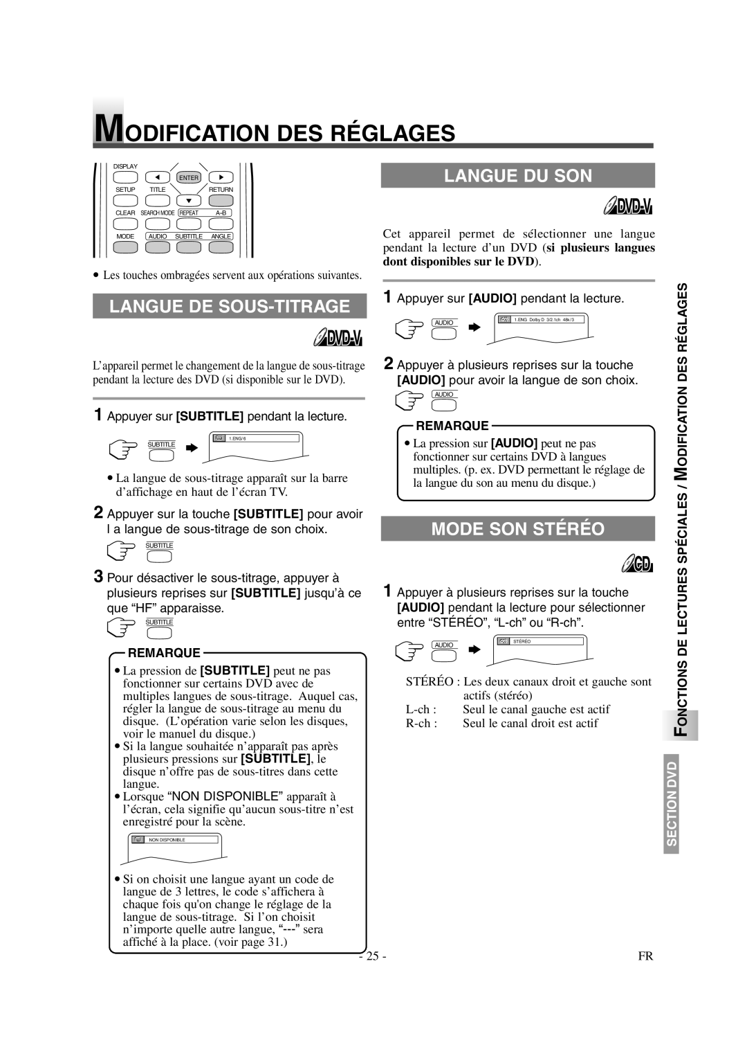 Symphonic CSTL20D6 owner manual Modification DES Réglages, Langue DE SOUS-TITRAGE Langue DU SON, Mode SON Stéréo 