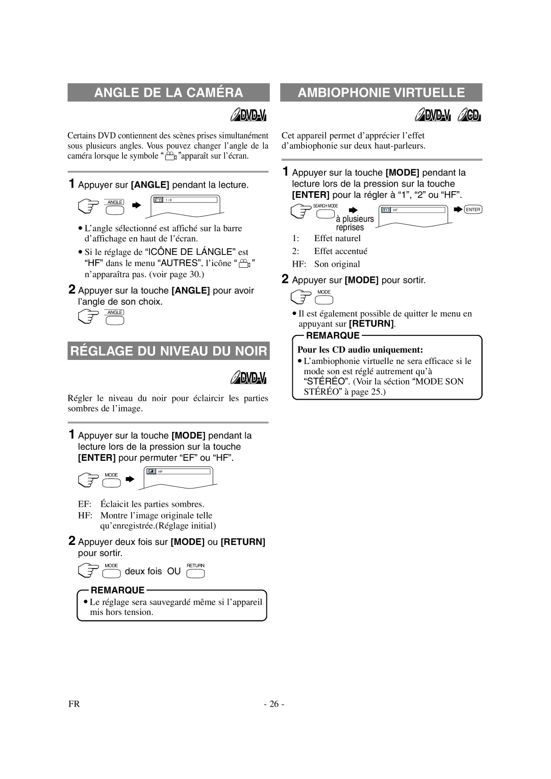 Symphonic CSTL20D6 owner manual Angle DE LA Caméra, Réglage DU Niveau DU Noir, Pour les CD audio uniquement 