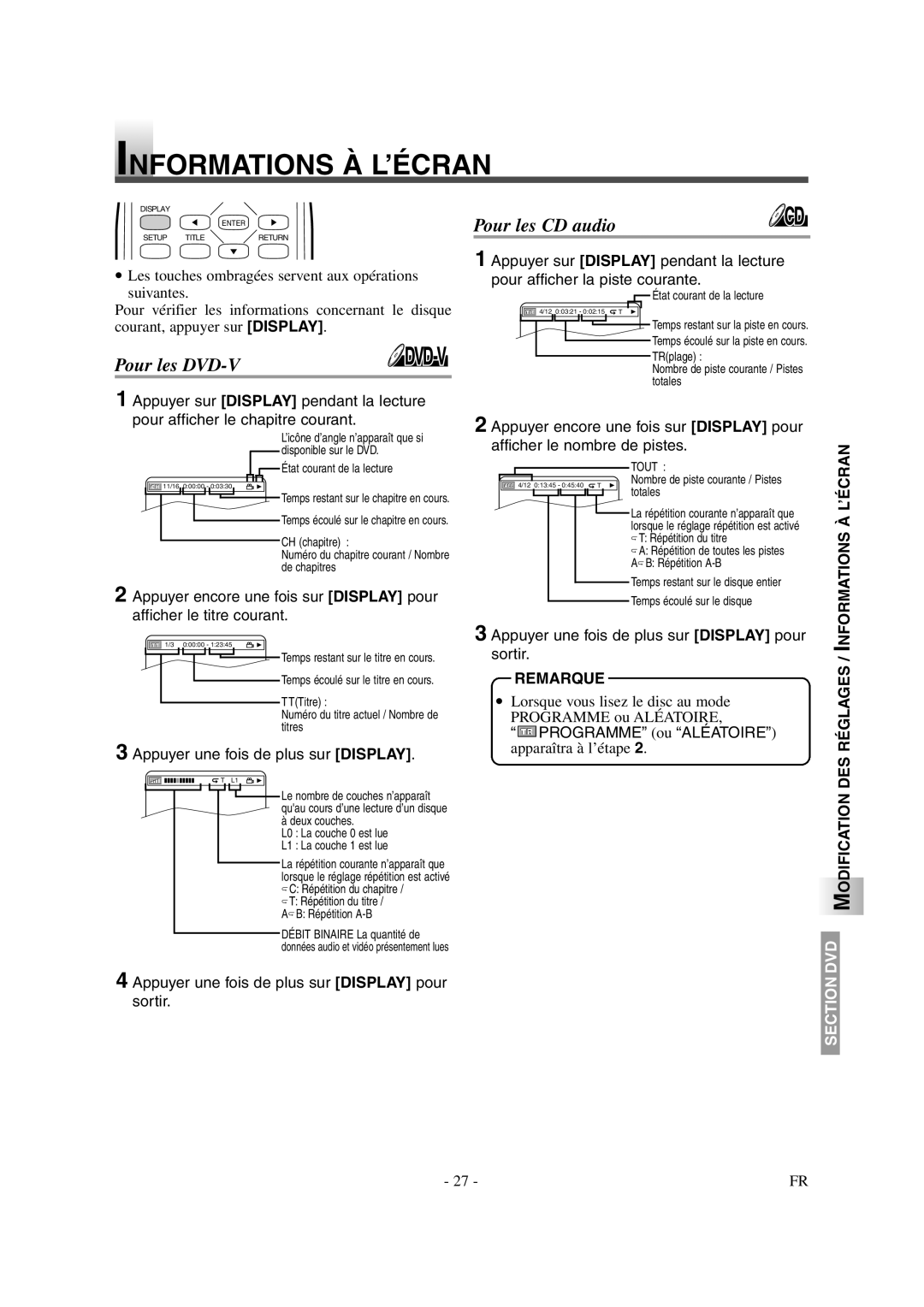 Symphonic CSTL20D6 owner manual Informations À L’ÉCRAN, Appuyer une fois de plus sur Display 